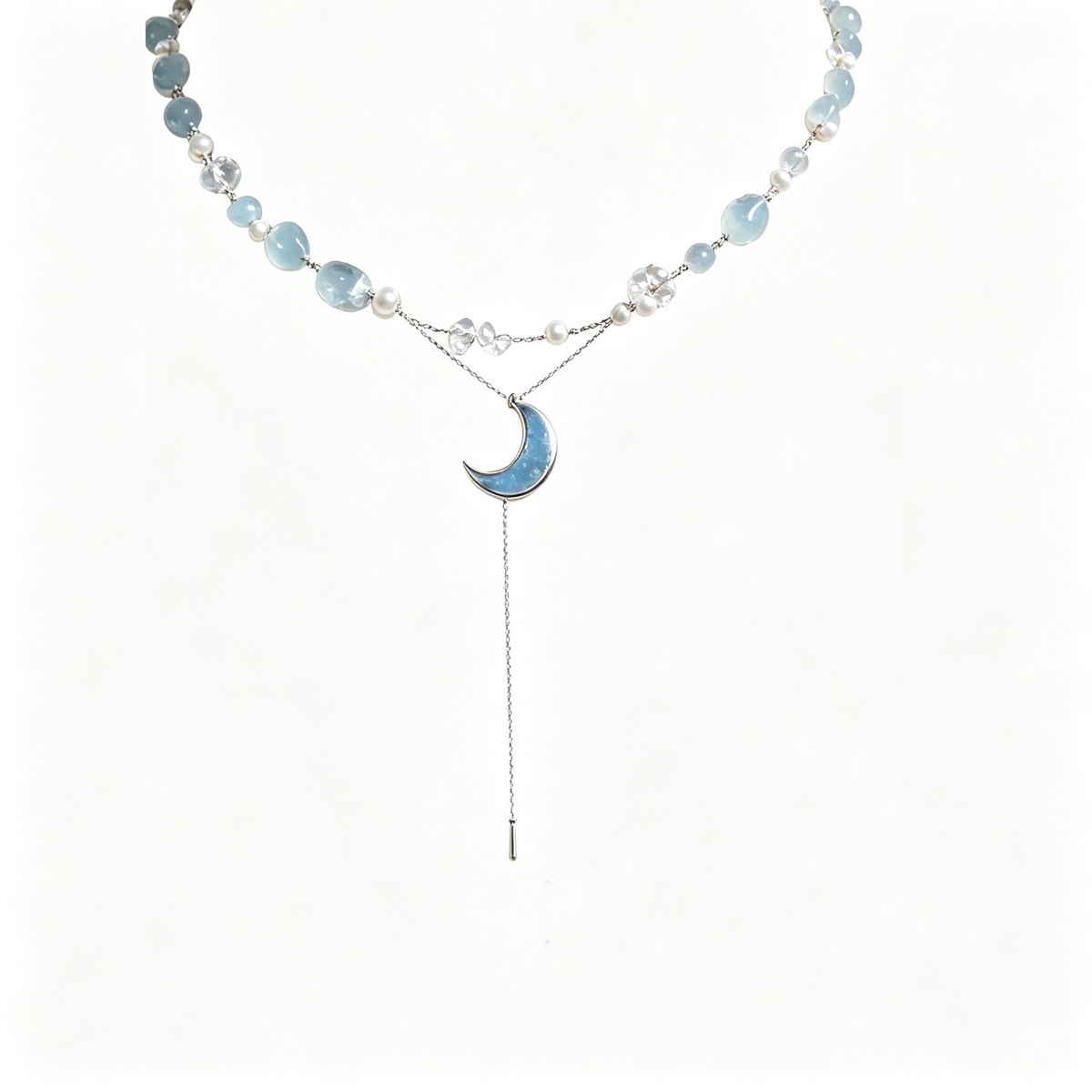 Aqua Blue Moon Silver Layered Necklace