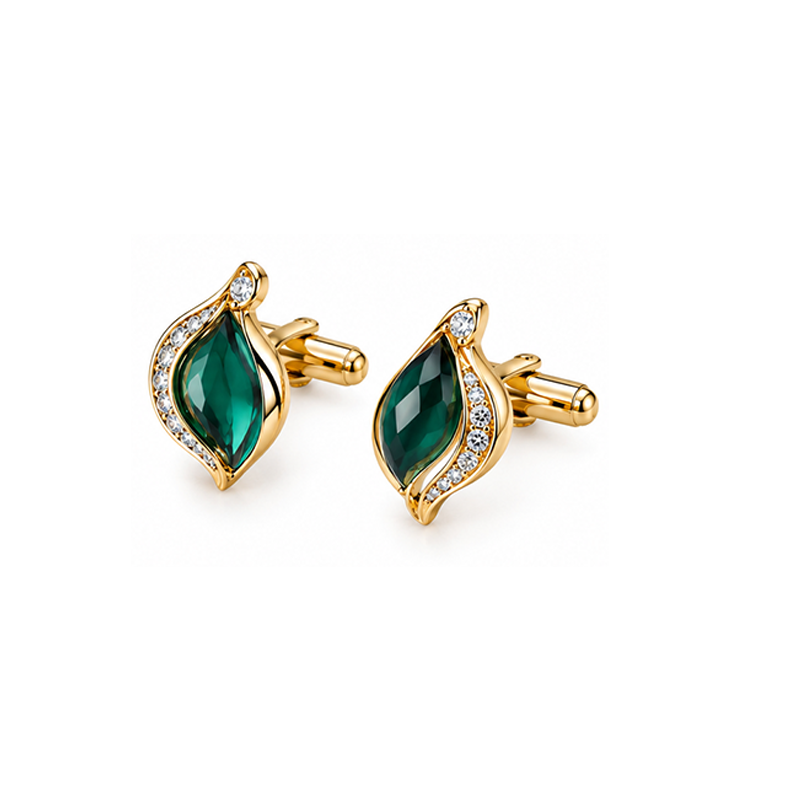 Emerald Teardrop Gold-Tone Cufflinks with Crystal Accents