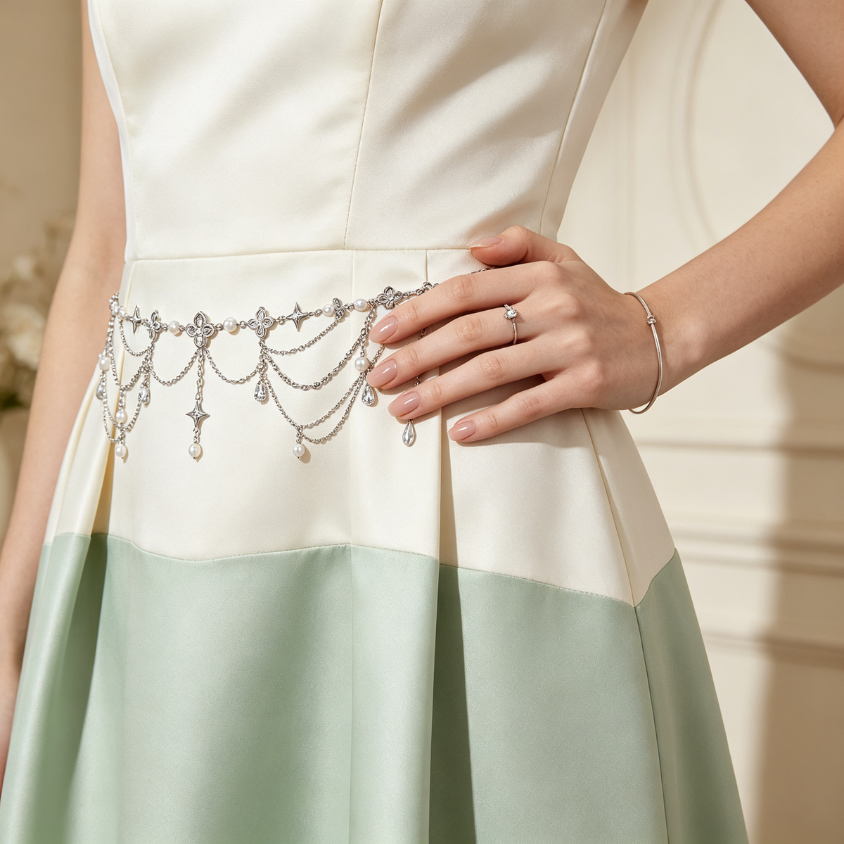 Silver Clover & Starburst Pearl Cascading Waist Chain