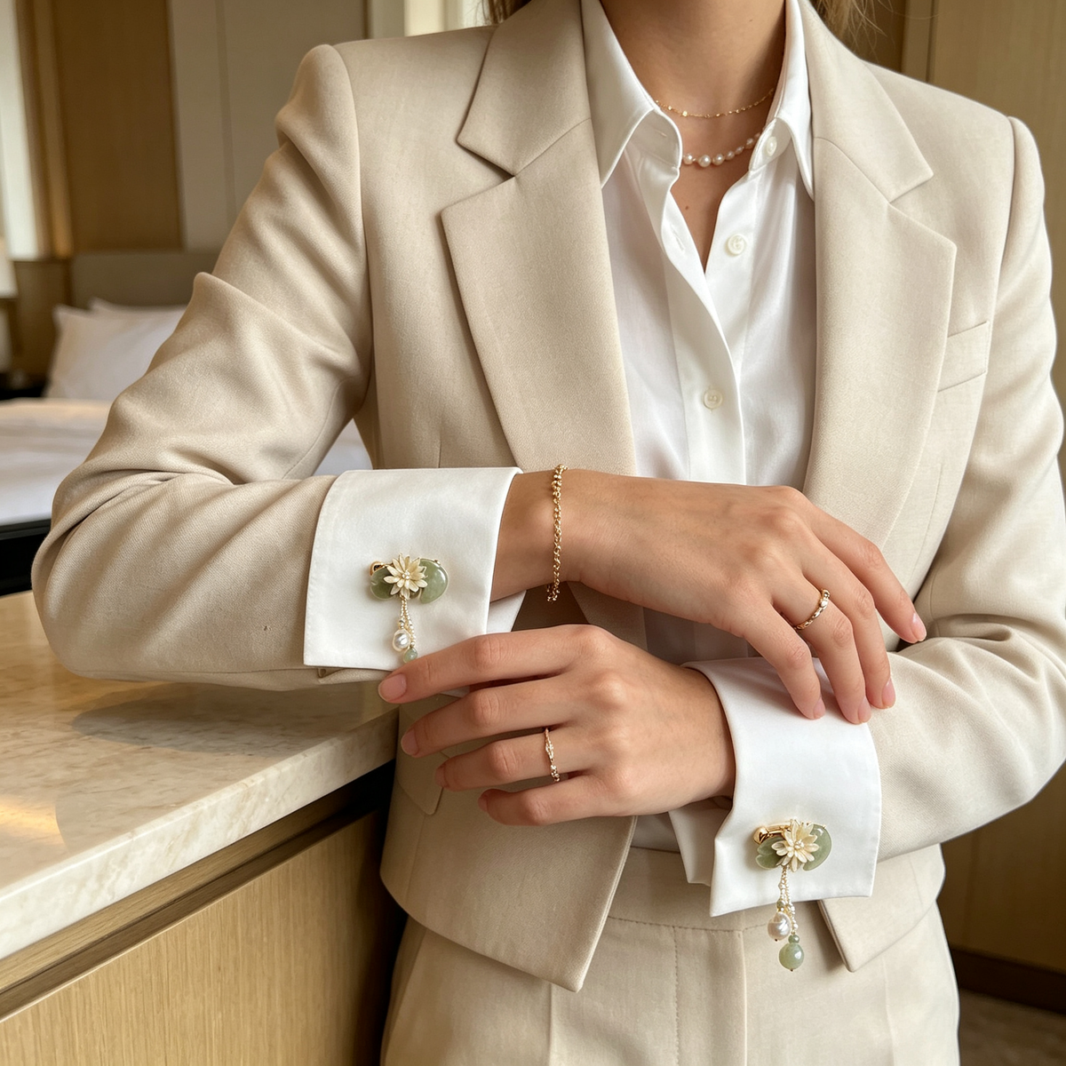 Jade Lotus Pearl Tassel Cufflinks