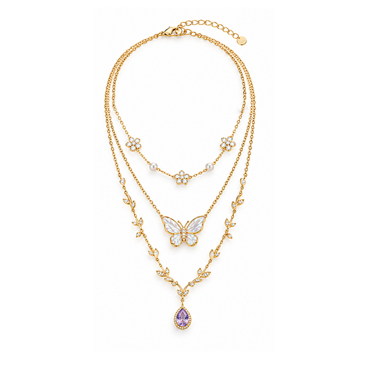 Butterfly Pearl Floral Gold Layered Necklace